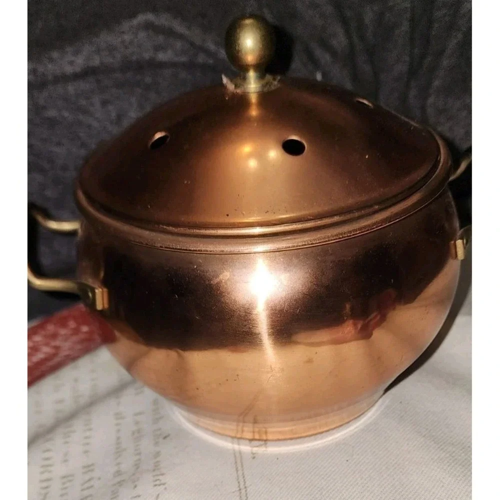 Vintage Copper Potpourri Pot Brass Handles Lid Simmer Pot Cottagecore Label Gran